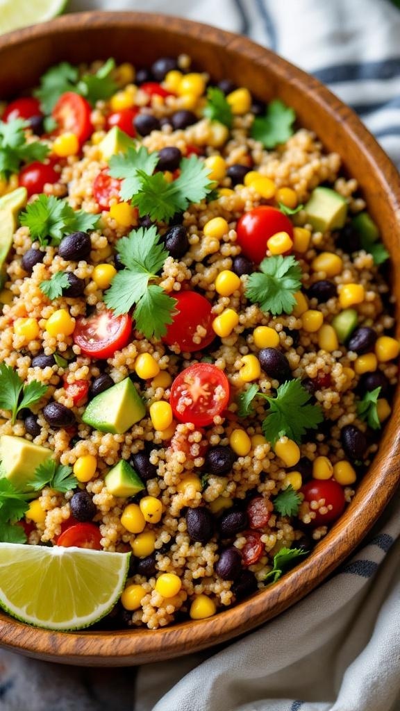 A colorful quinoa salad with black beans, corn, cherry tomatoes, avocado, and cilantro in a wooden bowl.