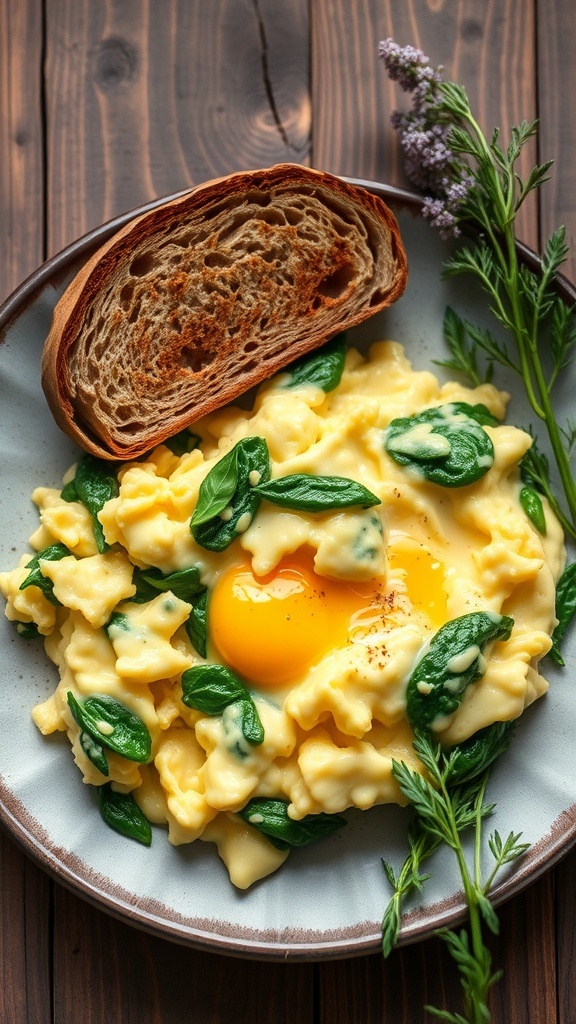 A plate of scrambled eggs with spinach and a slice of whole-grain bread.