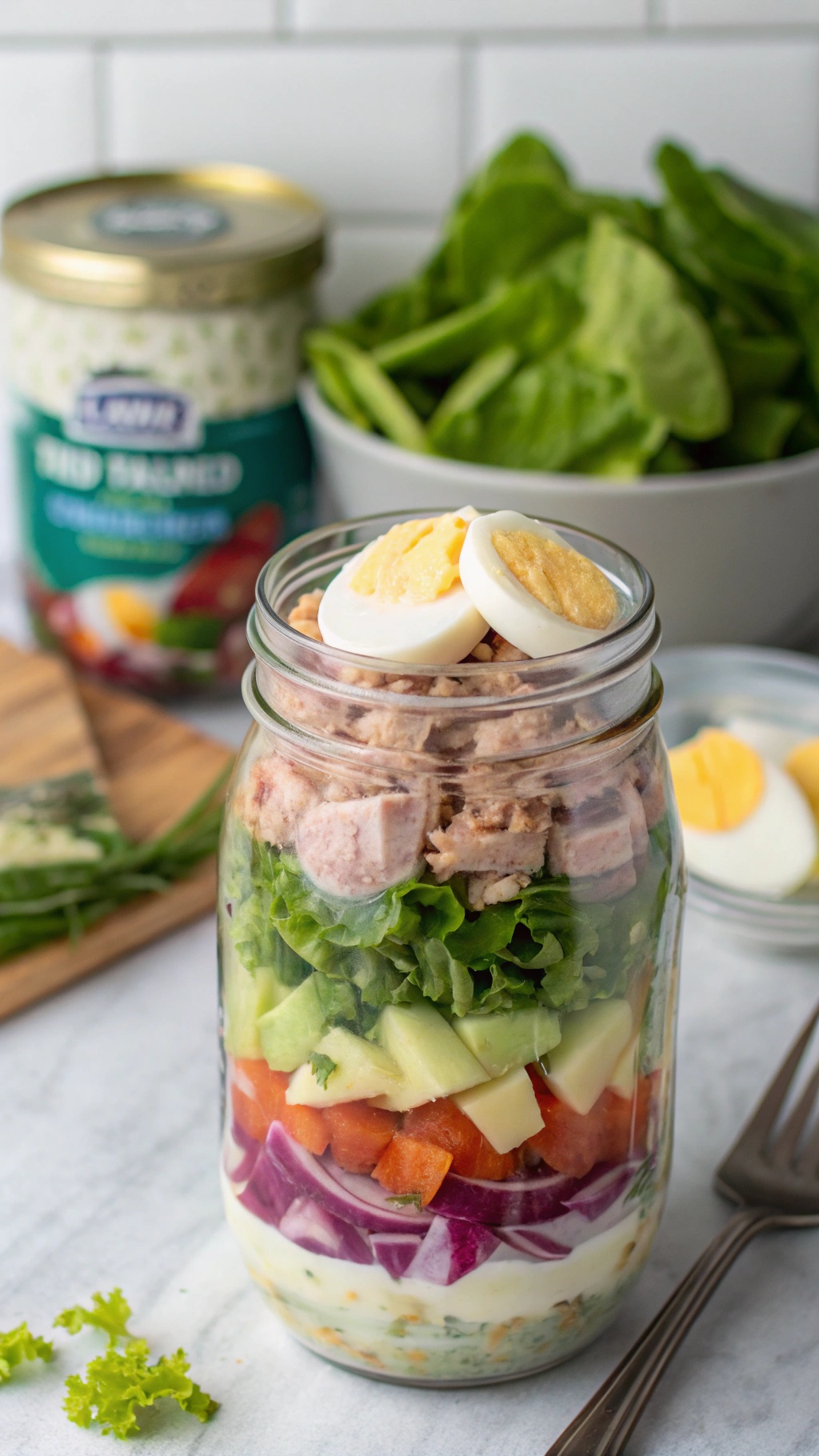 A colorful protein-packed tuna salad jar with layers of greens, vegetables, and hard-boiled eggs.
