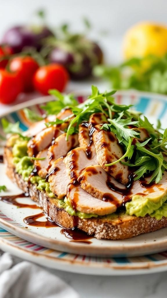 A plate of turkey and avocado toast topped with greens and balsamic glaze