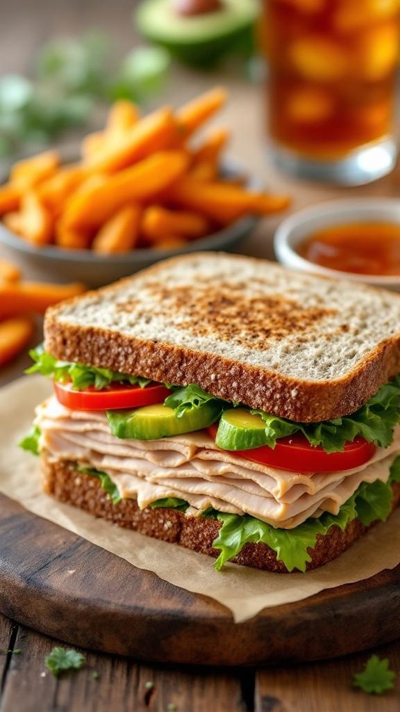A delicious turkey avocado sandwich with lettuce, tomato, and cucumber, served with sweet potato fries.