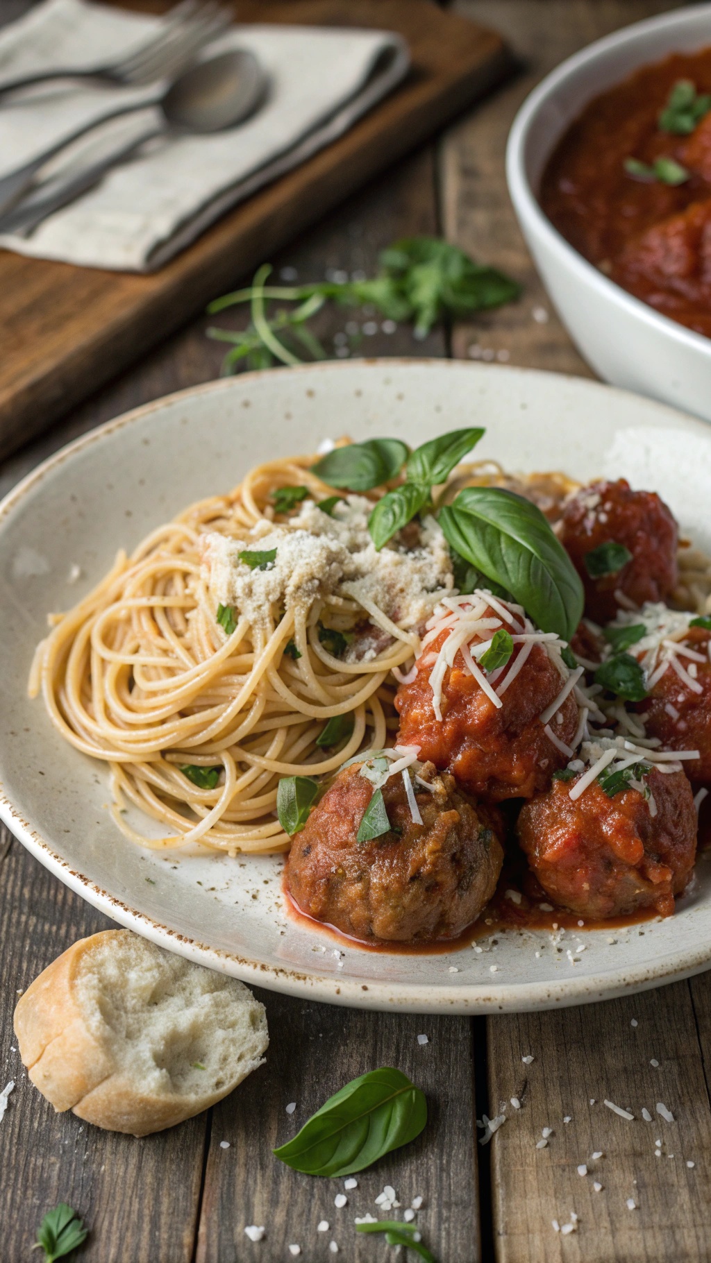 A plate of turkey meatballs with spaghetti and marinara sauce, garnished with basil.