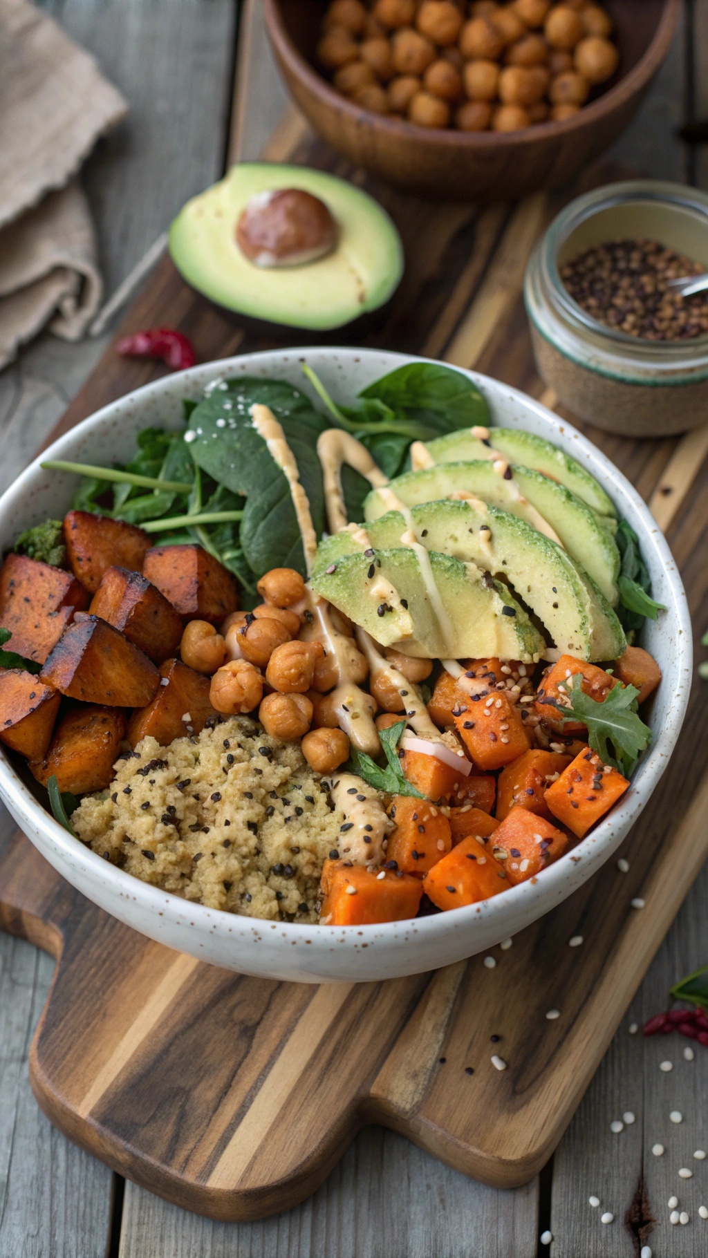 A colorful vegan Buddha bowl with quinoa, roasted sweet potatoes, chickpeas, avocado, and greens.