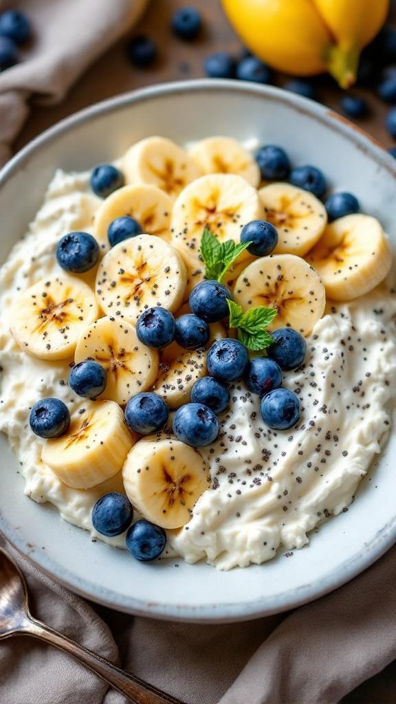 A bowl of cottage cheese topped with banana slices, blueberries, and chia seeds.