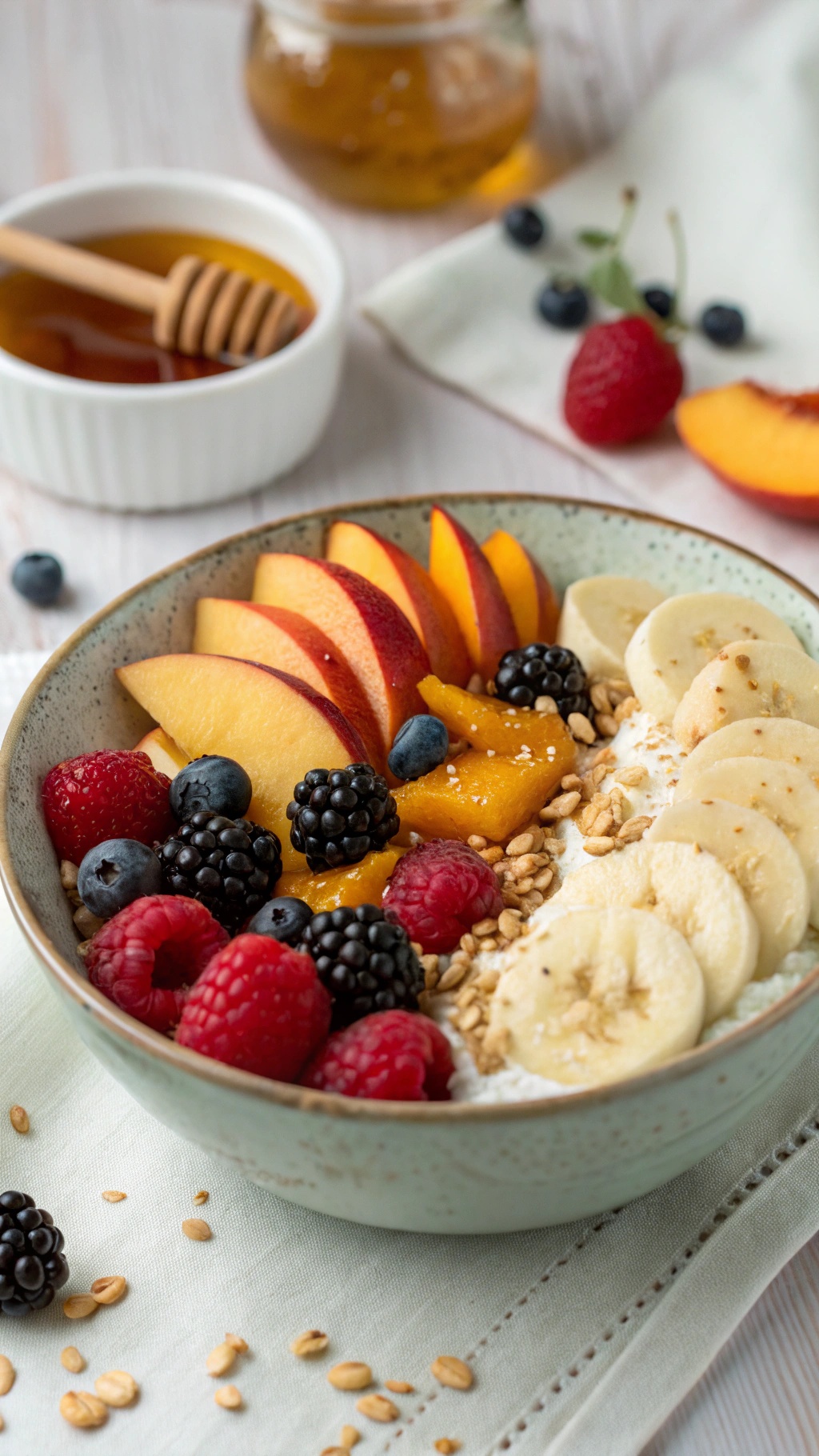 A bowl of cottage cheese topped with fruits including banana, peach, and mixed berries, with granola and honey.