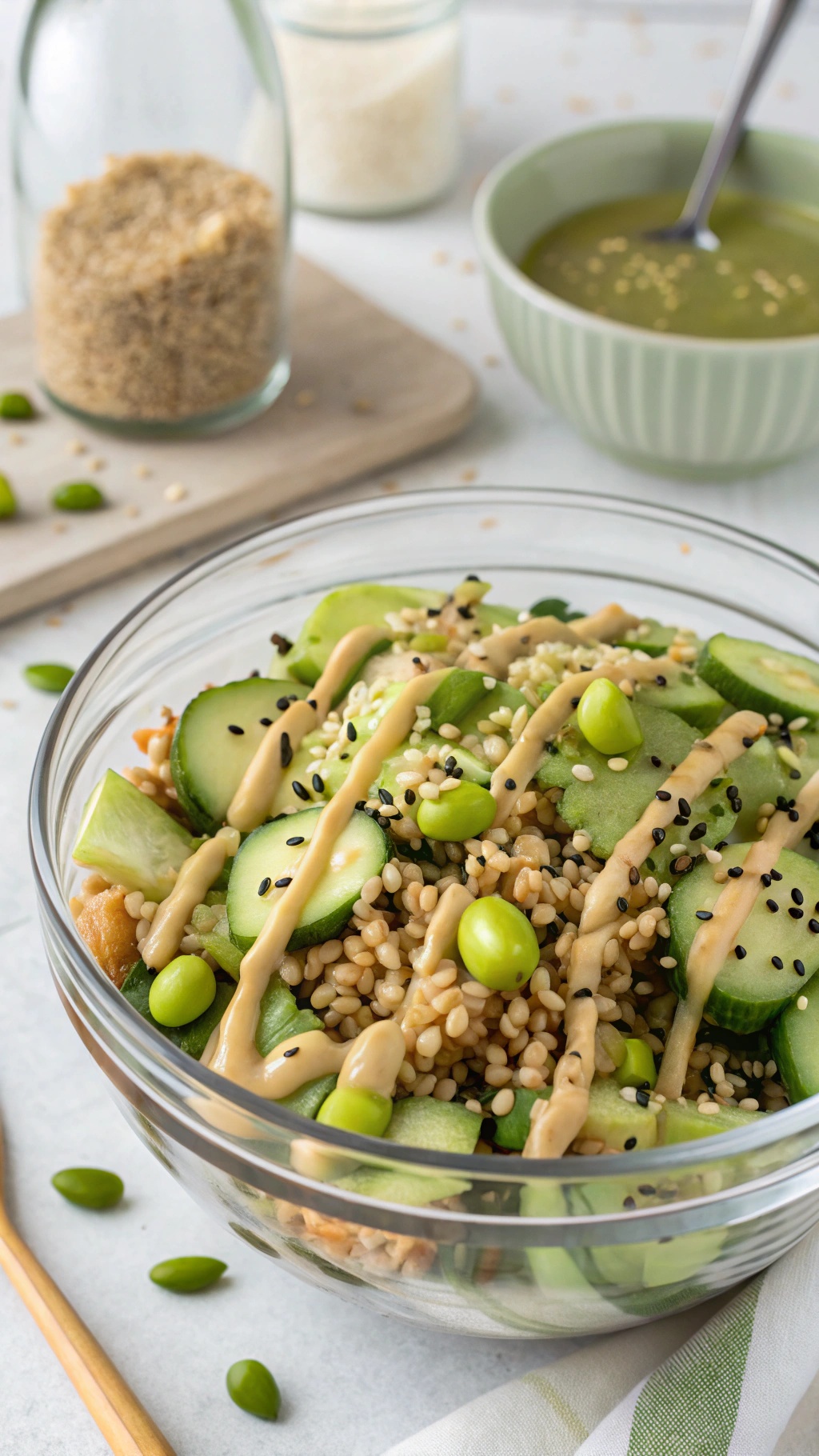 A bowl of edamame and brown rice salad with cucumber slices and tahini dressing.