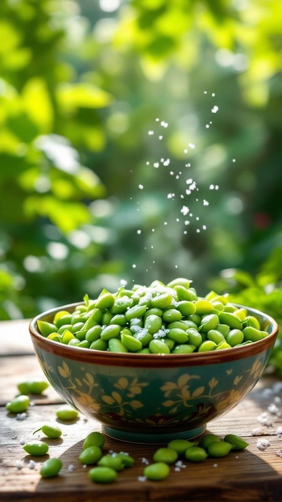 A bowl of fresh edamame sprinkled with salt, surrounded by greenery.