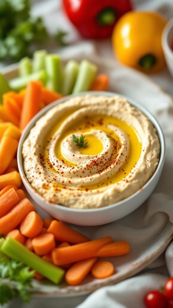 A bowl of creamy hummus surrounded by colorful vegetable dippers like carrots, celery, and bell peppers.