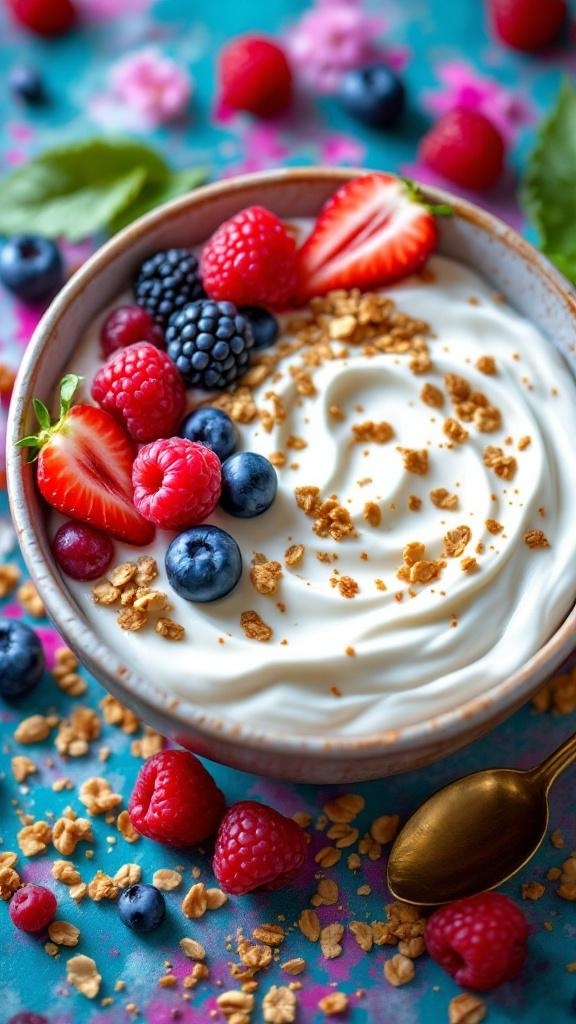 A bowl of quark topped with fresh berries and granola, garnished with mint leaves.
