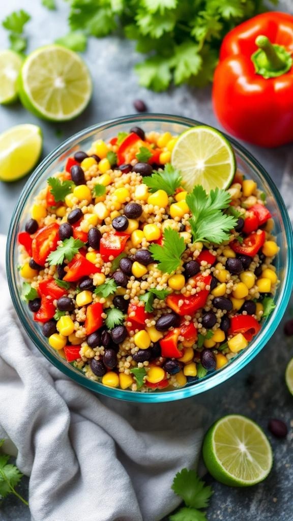 A colorful quinoa salad with black beans, corn, red bell peppers, and lime slices.