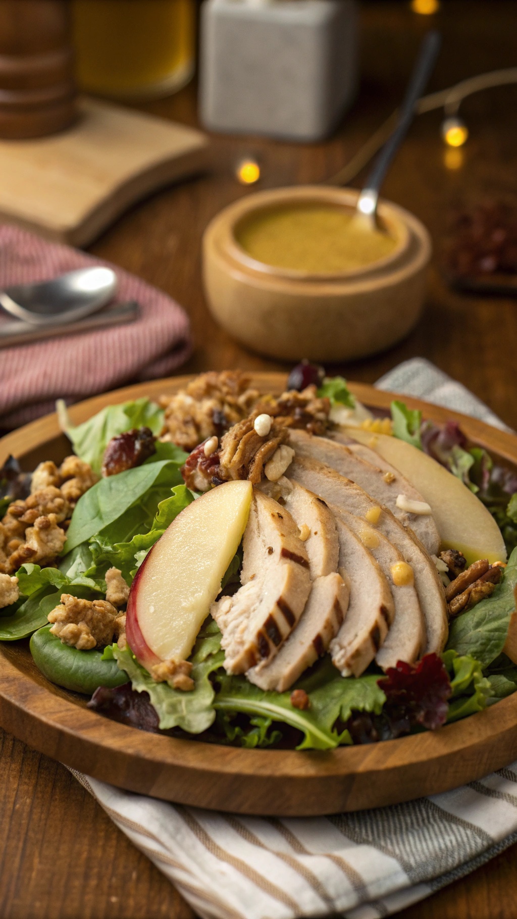 A delicious turkey and apple salad with greens, nuts, and dressing.