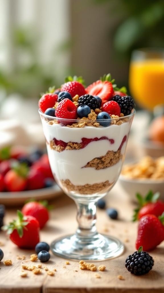 A delicious vegan Greek yogurt parfait with layers of yogurt, granola, and mixed berries.