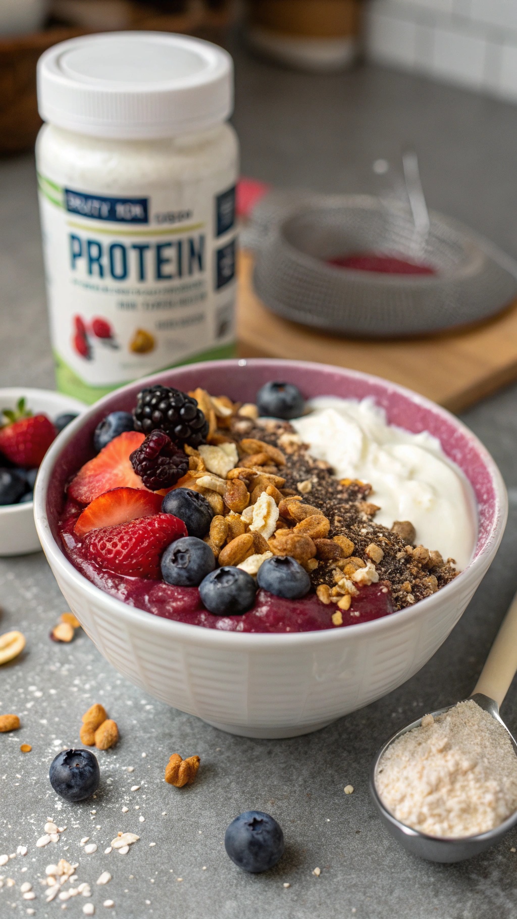A colorful acai bowl topped with berries, granola, and Greek yogurt.