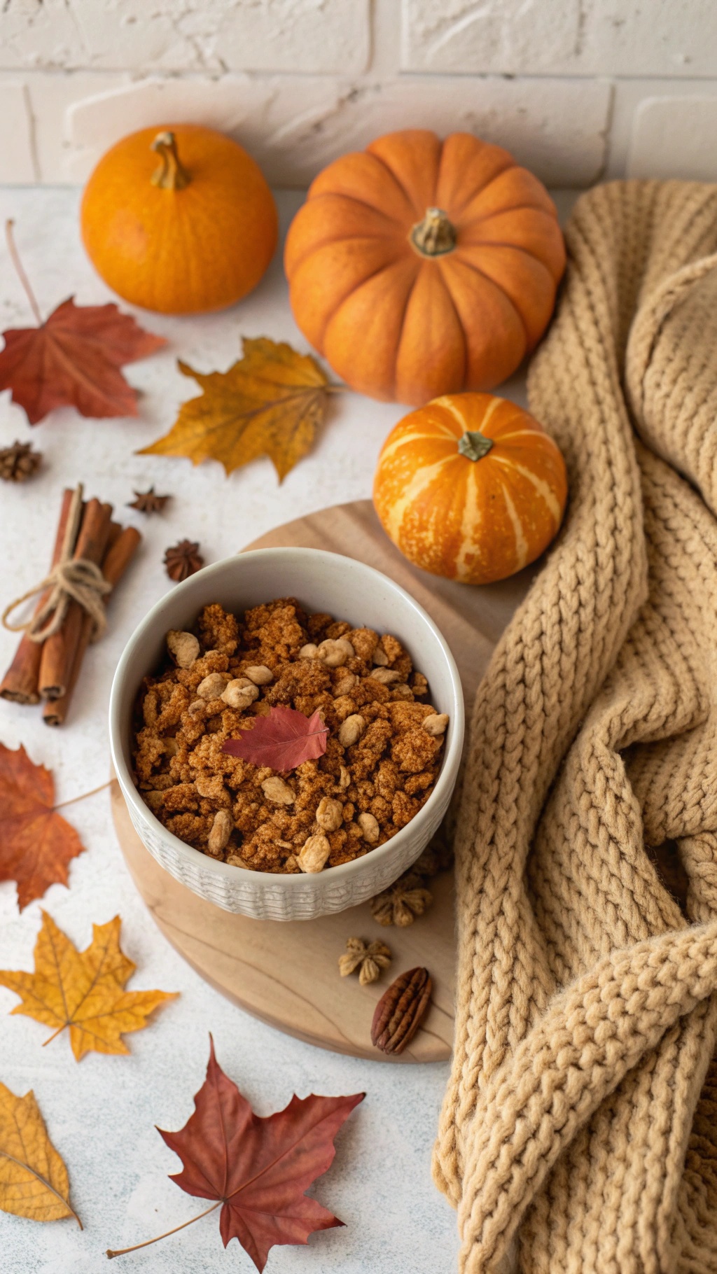 A bowl of pumpkin spice granola surrounded by autumn leaves and small pumpkins.