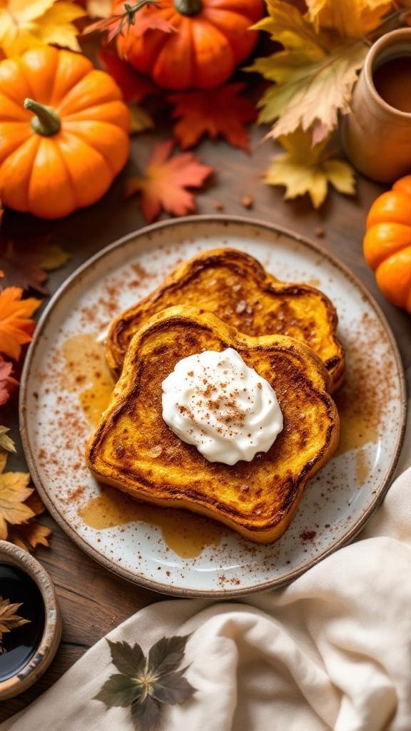 Pumpkin Spice French Toast with whipped cream and syrup, surrounded by autumn leaves and pumpkins.