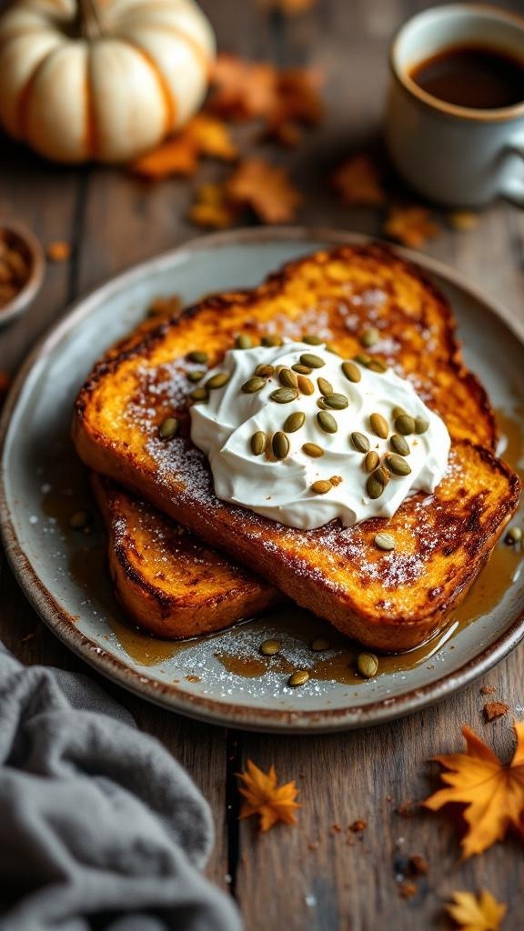 Pumpkin spice French toast topped with whipped cream and pumpkin seeds, with a cozy autumn setting.
