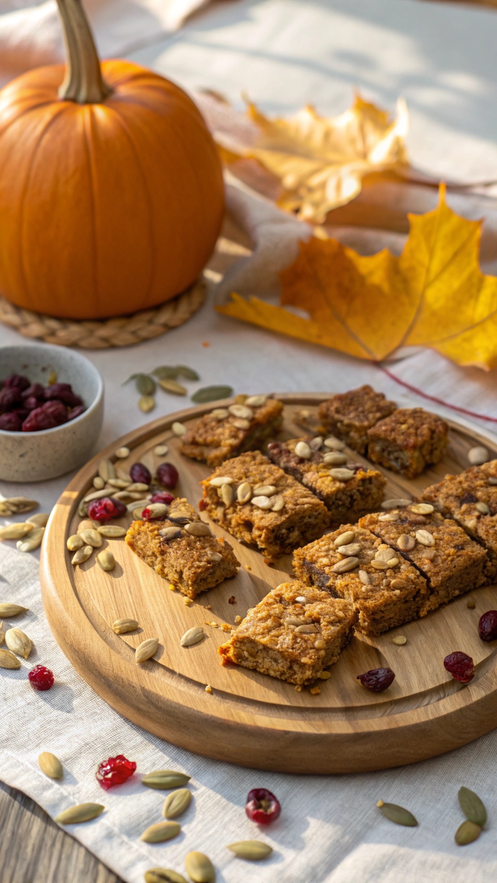 Pumpkin spice granola bars on a wooden platter with a pumpkin and autumn leaves in the background.