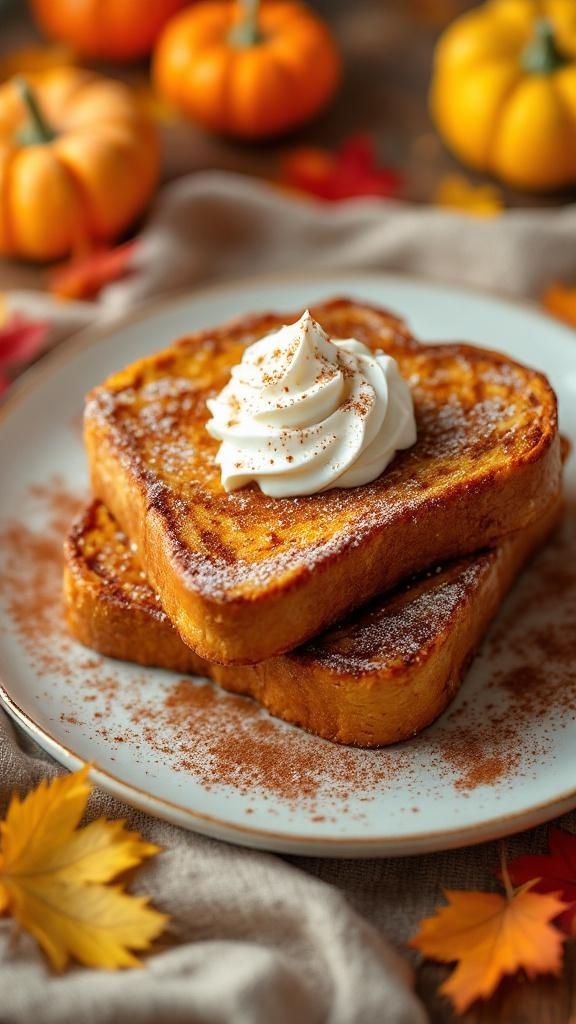 Delicious Pumpkin Spice Low-Carb French Toast topped with whipped cream and cinnamon, surrounded by autumn decorations.