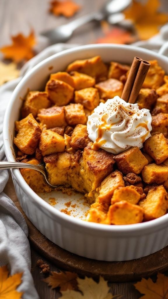 Pumpkin spice overnight French toast casserole topped with whipped cream and cinnamon sticks, surrounded by autumn leaves.