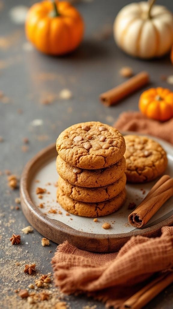 A stack of pumpkin spice protein cookies on a wooden plate, surrounded by small pumpkins and cinnamon sticks.