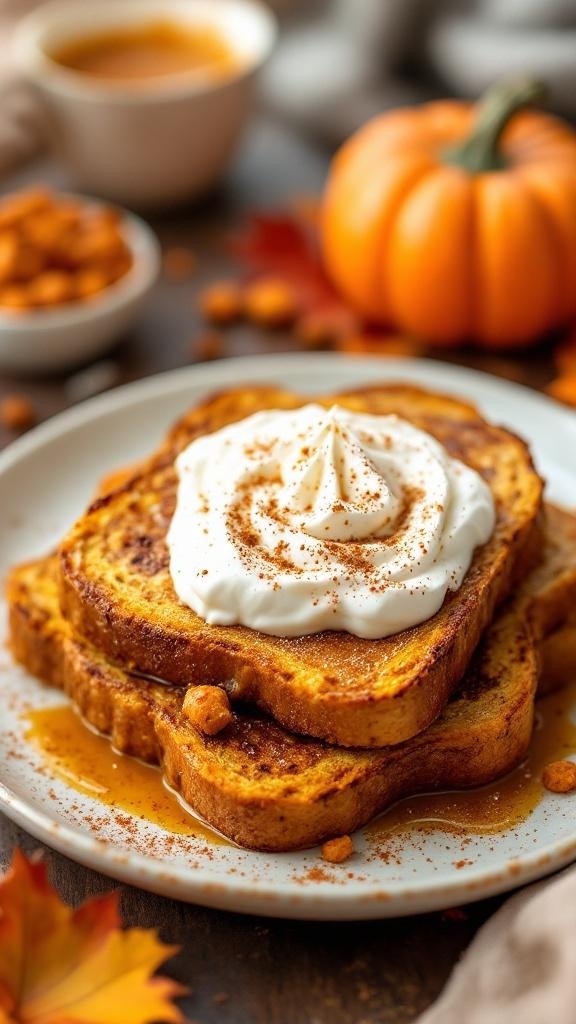 Pumpkin Spice Protein French Toast topped with whipped cream and cinnamon, served with a side of syrup and pumpkin.