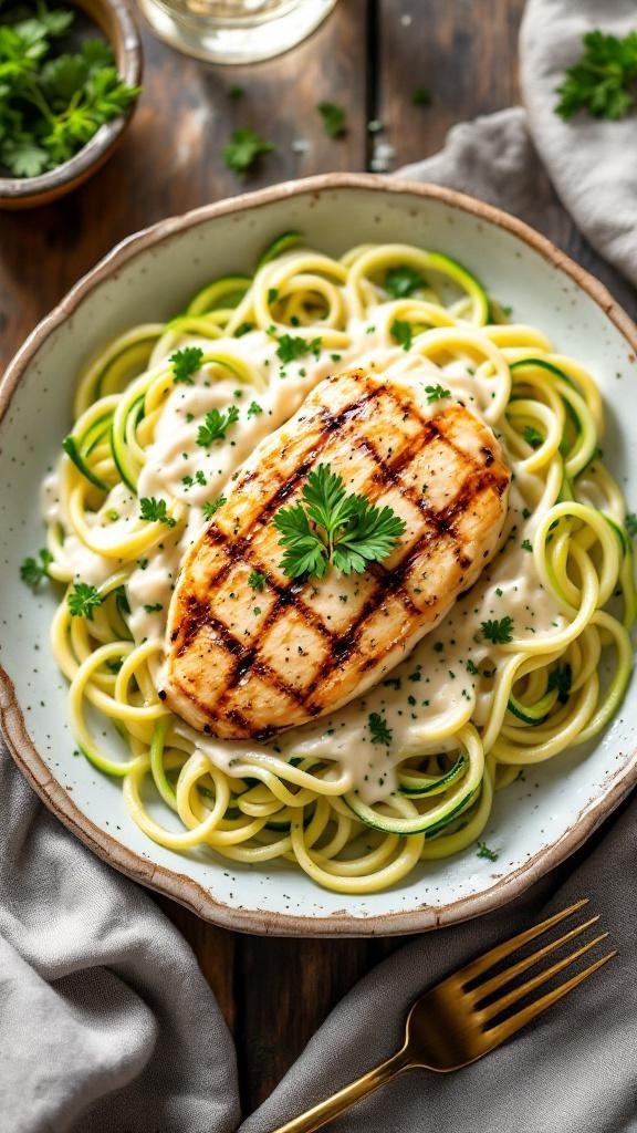 A plate of Keto Chicken Alfredo with grilled chicken on zucchini noodles and creamy sauce.