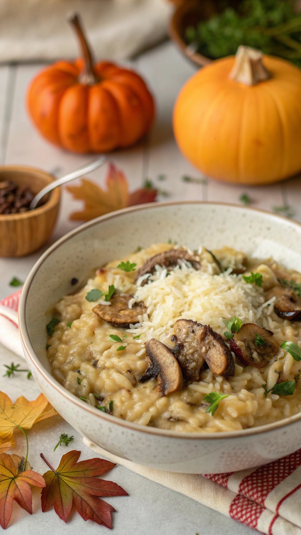 A bowl of creamy mushroom risotto topped with mushrooms and parsley, surrounded by autumn leaves and pumpkins.