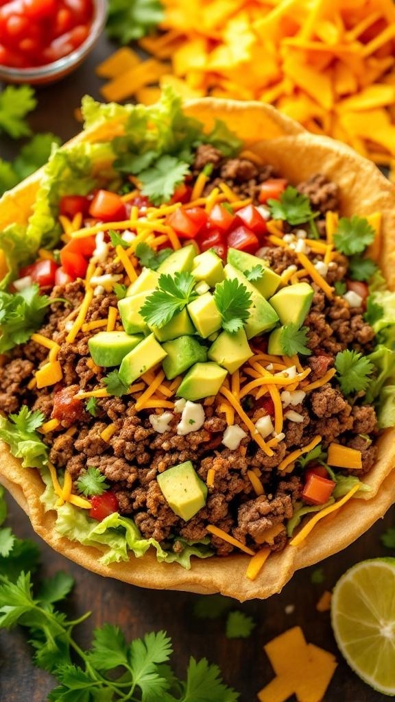 A colorful taco salad bowl filled with ground beef, lettuce, tomatoes, avocado, cheese, and cilantro.