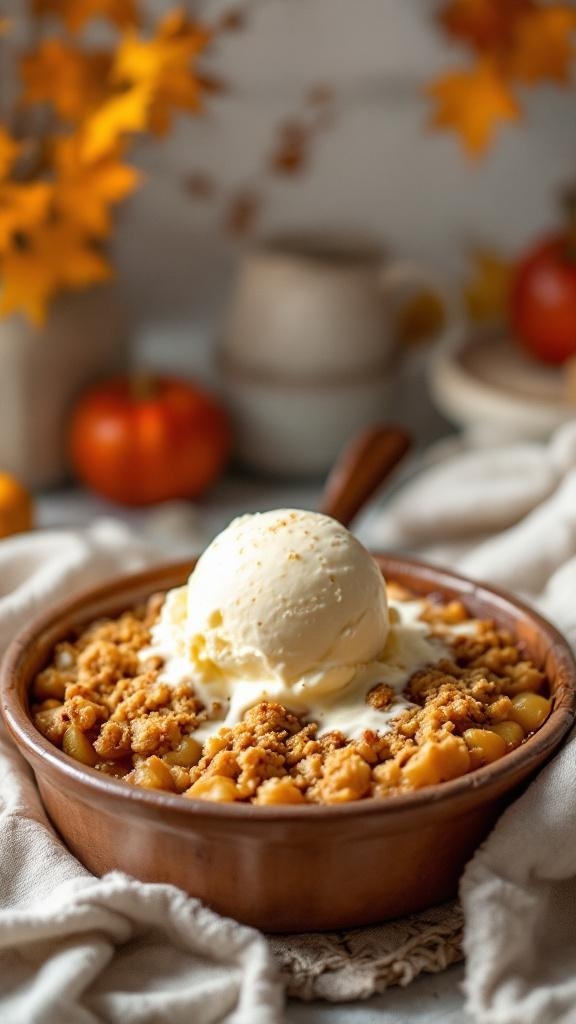 A warm apple crisp topped with vanilla ice cream, surrounded by autumn leaves and pumpkins.
