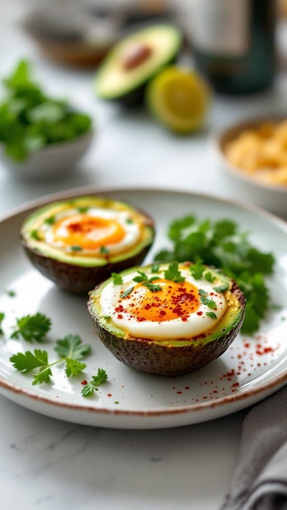 Avocado egg cups with eggs baked in avocado halves, garnished with herbs and spices.