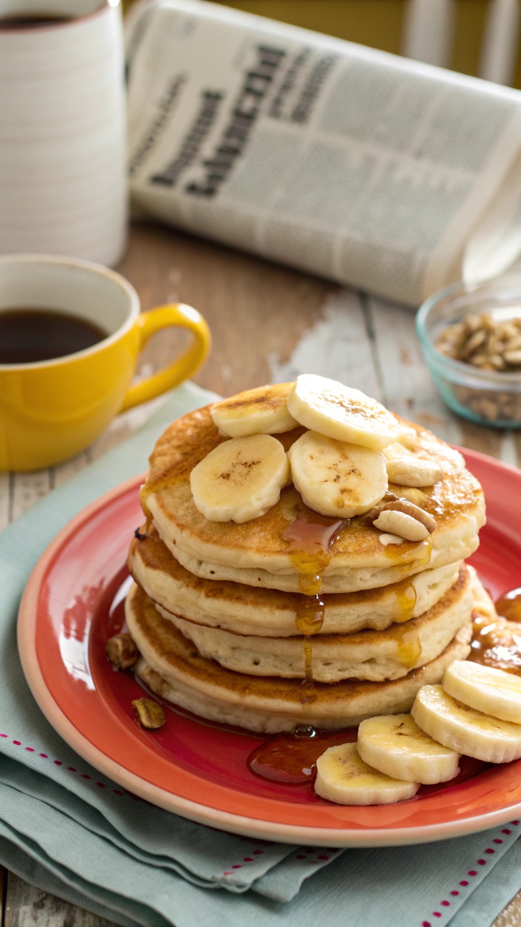 A stack of banana pancakes topped with banana slices and syrup, with a cup of coffee on the side.