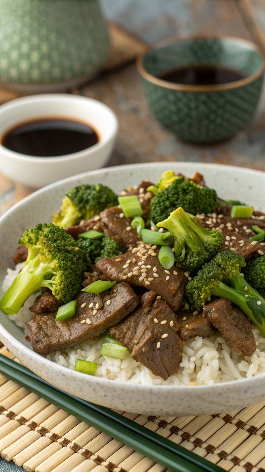 A bowl of beef and broccoli with rice, garnished with sesame seeds and green onions.