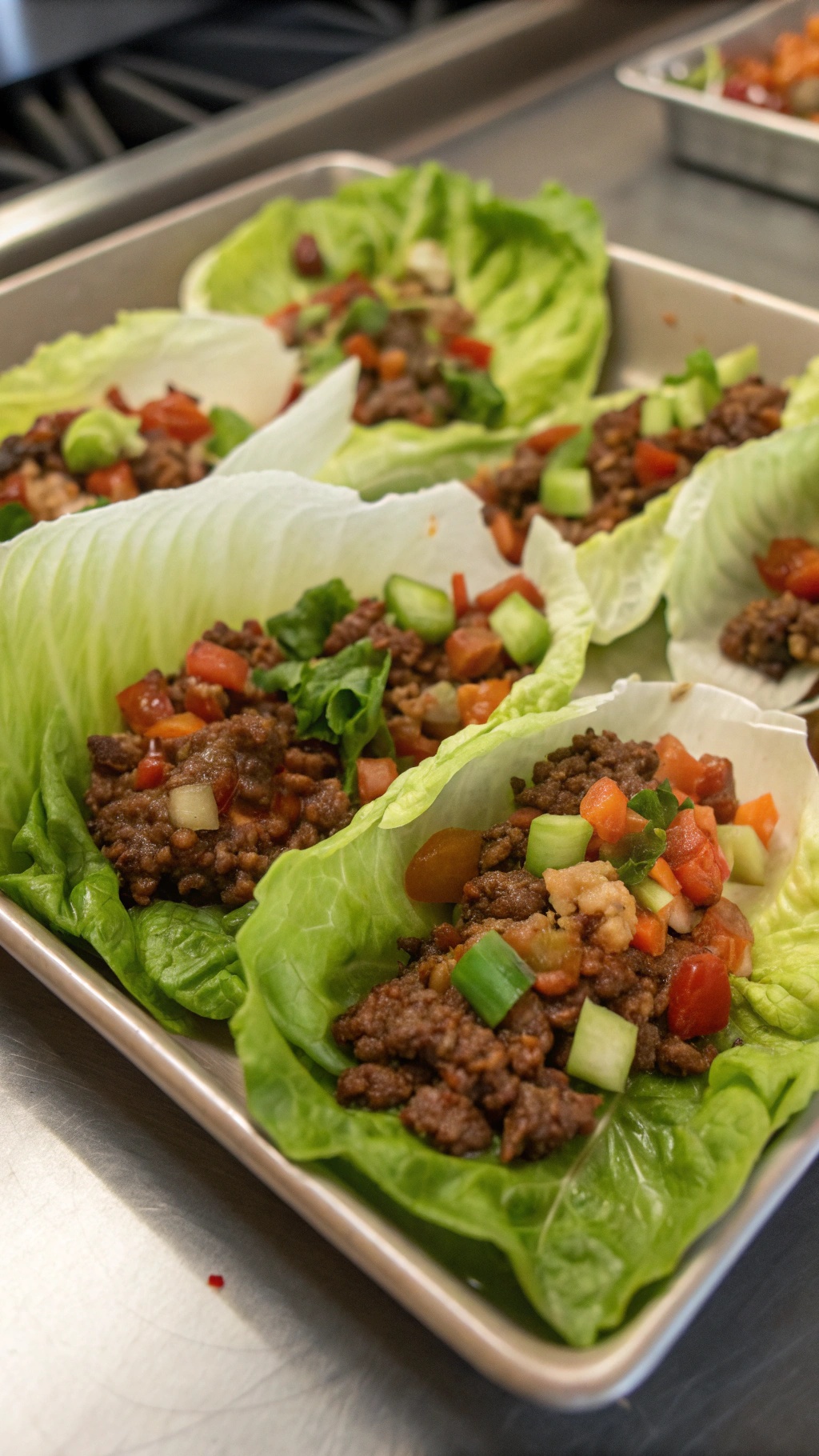 A tray of beef lettuce wraps filled with ground beef and fresh vegetables.