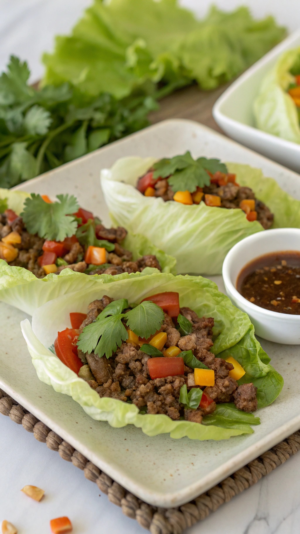 Beef lettuce wraps with ground beef, diced vegetables, and cilantro on a plate.
