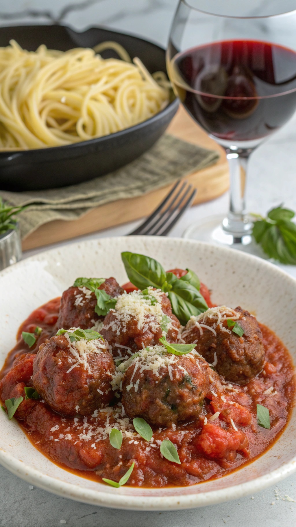 A bowl of beef meatballs in tomato sauce, garnished with basil, served with a side of spaghetti and a glass of red wine.
