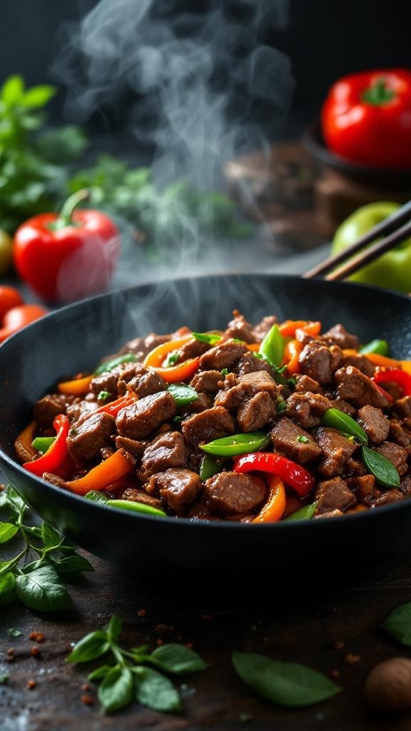 A colorful beef stir-fry with bell peppers and snap peas in a black bowl, steam rising from the dish.