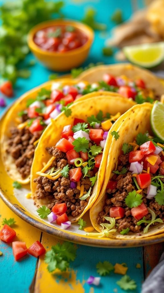 Delicious beef tacos topped with fresh vegetables and cheese, served with salsa and lime.
