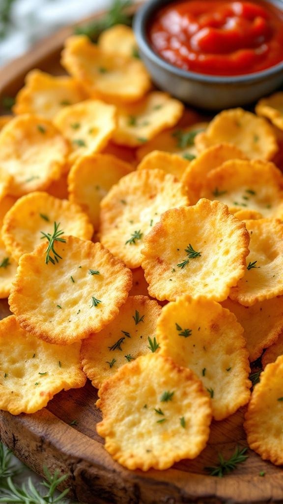 A platter of golden cheese crisps garnished with herbs and a bowl of salsa.