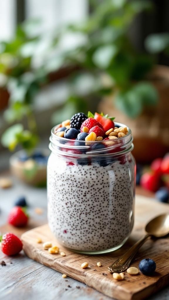 Chia seed pudding in a jar topped with fresh berries and nuts