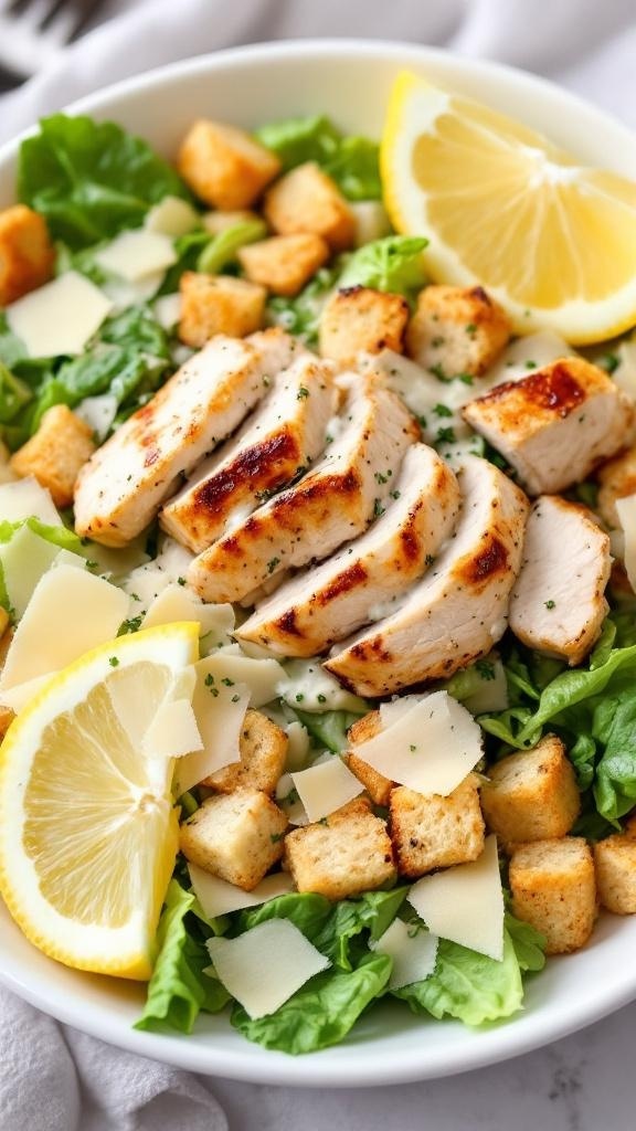 A delicious Chicken Caesar Salad with grilled chicken, romaine lettuce, croutons, and lemon slices.