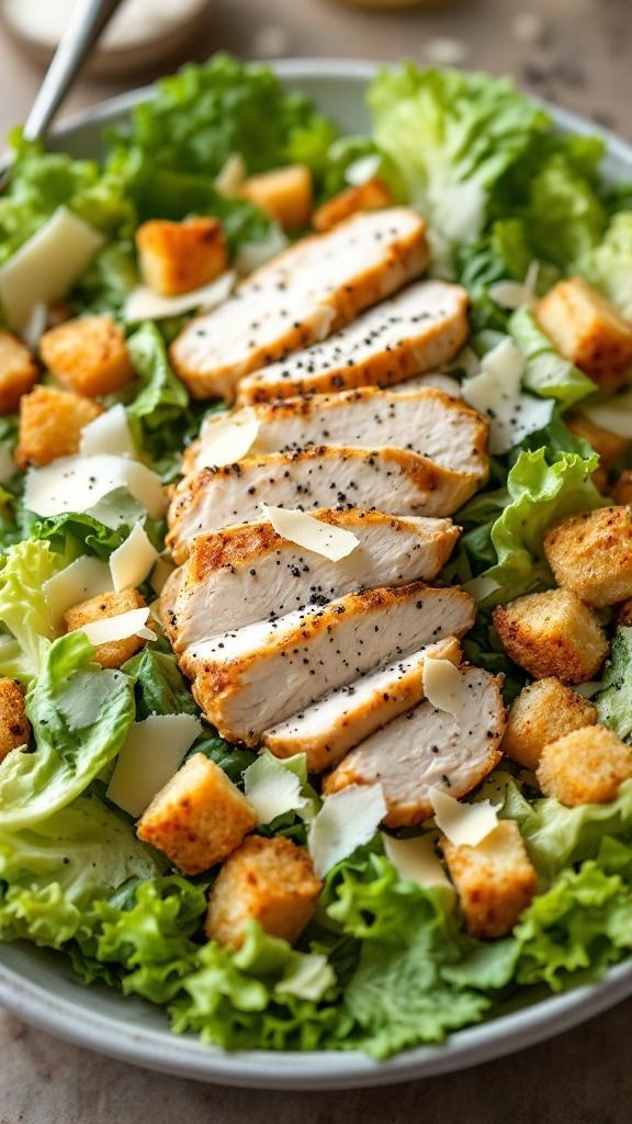 A delicious Chicken Caesar Salad with sliced grilled chicken, croutons, and Parmesan cheese on a bed of romaine lettuce.