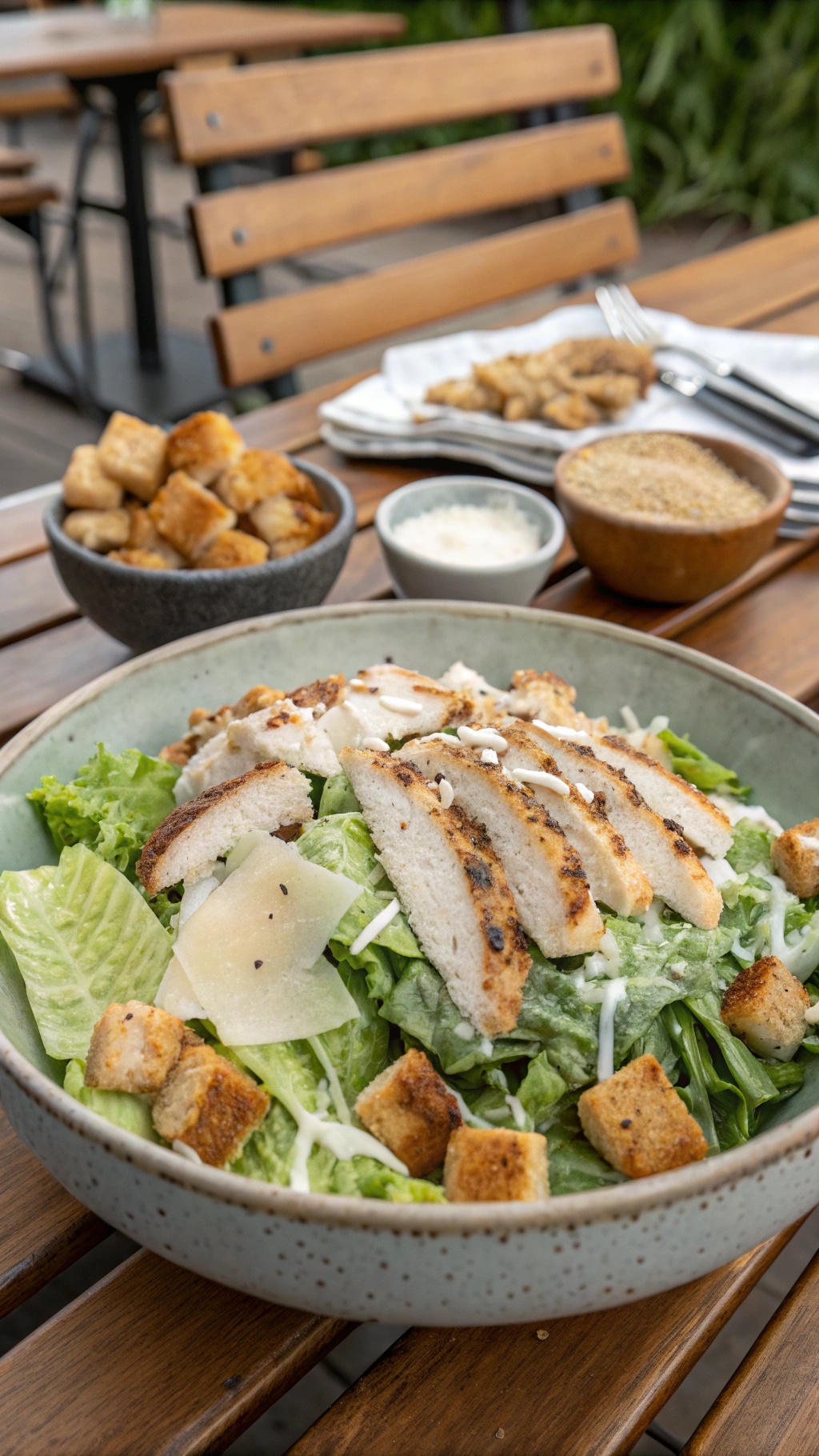 A delicious Chicken Caesar Salad with grilled chicken, romaine lettuce, croutons, and parmesan cheese.
