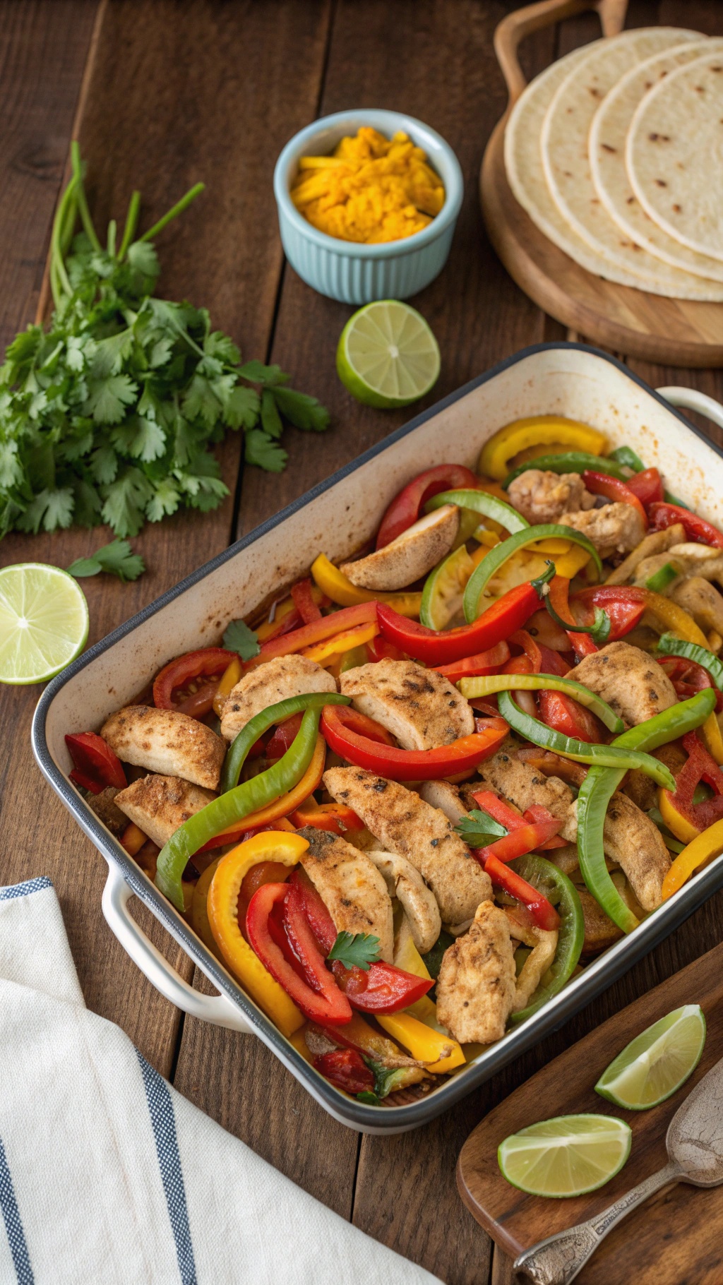 A colorful Chicken Fajita Bake with sliced chicken, bell peppers, and onions in a baking dish, garnished with cilantro and served with lime and tortillas.