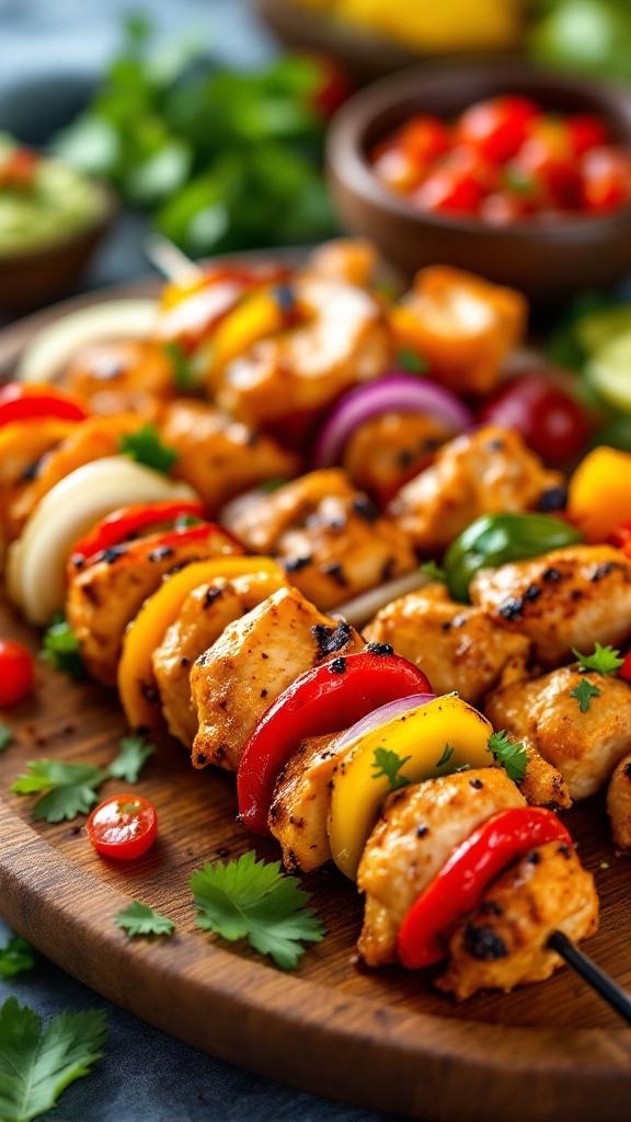 Colorful chicken fajita skewers with bell peppers and onions on a wooden platter