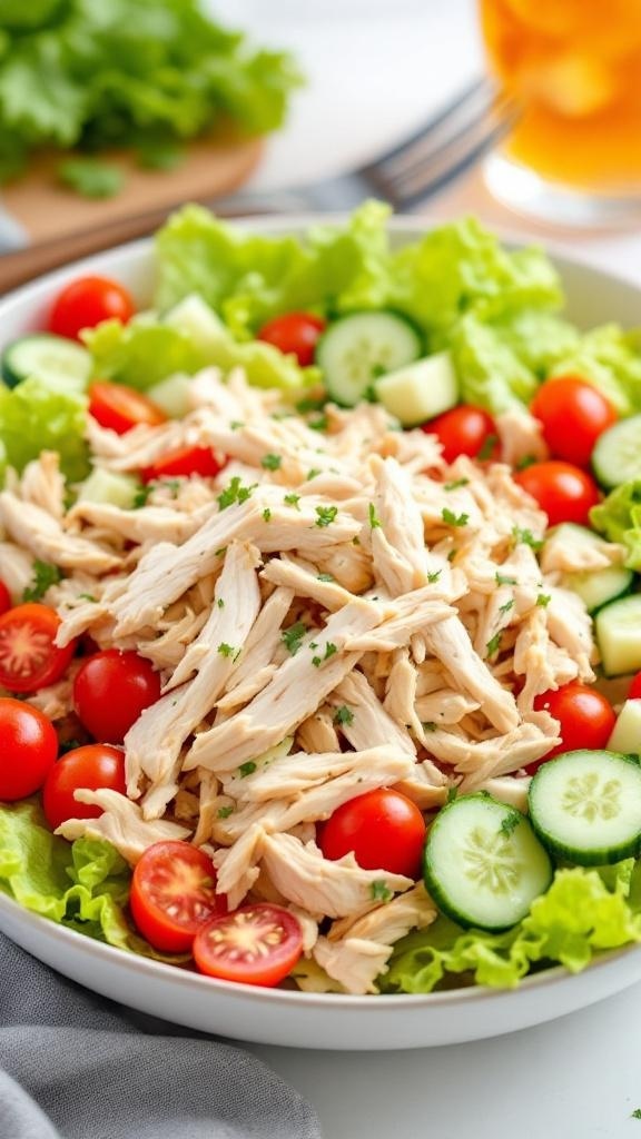 A colorful chicken salad with shredded rotisserie chicken, cherry tomatoes, cucumbers, and lettuce in a bowl.