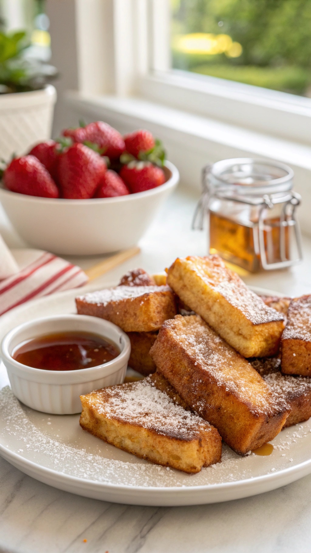 A plate of golden brown French toast sticks with powdered sugar and a side of syrup, accompanied by a bowl of fresh strawberries.