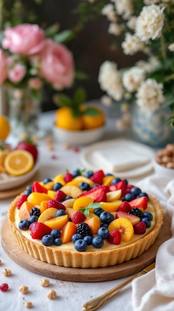 A colorful fruit tart topped with seasonal fruits like strawberries, blueberries, and peaches, surrounded by flowers and decorative elements.