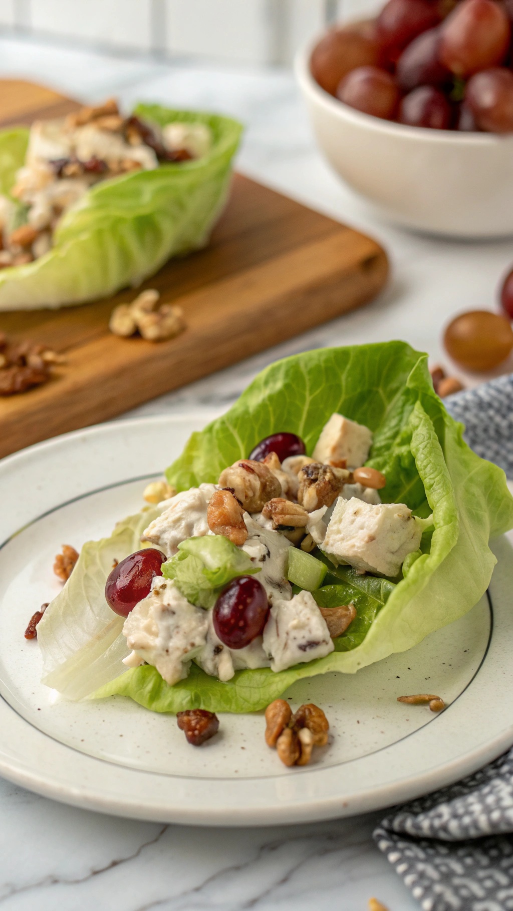 A plate of Greek yogurt chicken salad served in lettuce leaves with grapes and walnuts.
