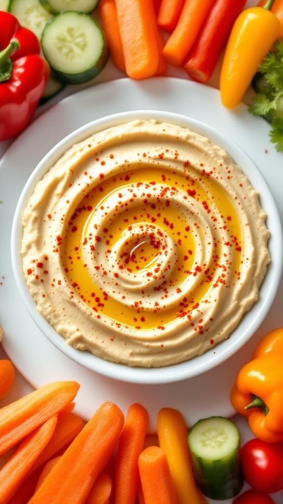 A bowl of hummus surrounded by colorful vegetable sticks including carrots, cucumbers, and bell peppers.
