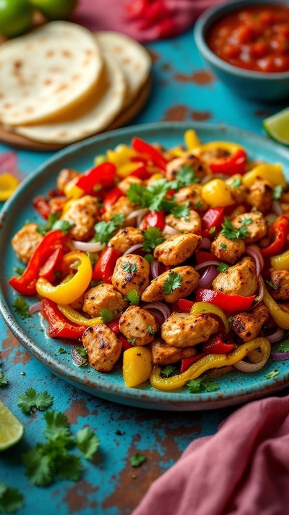 A colorful plate of Instant Pot fajitas with chicken and bell peppers, served with tortillas and garnished with cilantro.